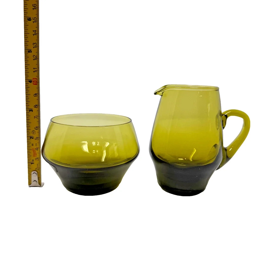 MCM Avocado Green Handblown Glass Pitcher & Cup Lot of 2 Mid Century Modern